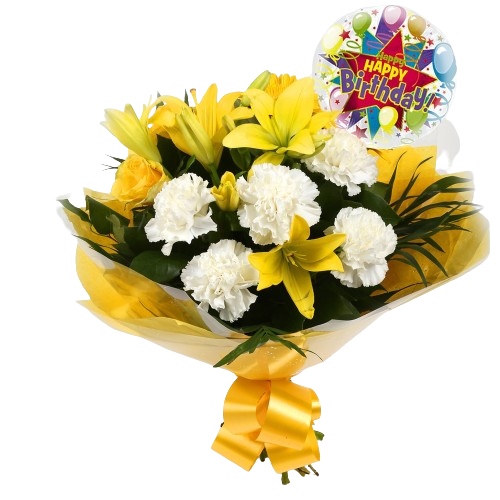 Birthday Balloon & Golden Sunshine Flowers