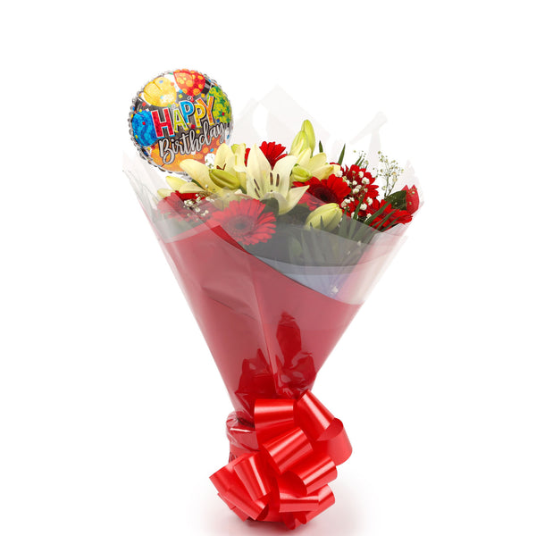 A Stunning Red Gerbera & Lily Bouquet & Birthday Balloon