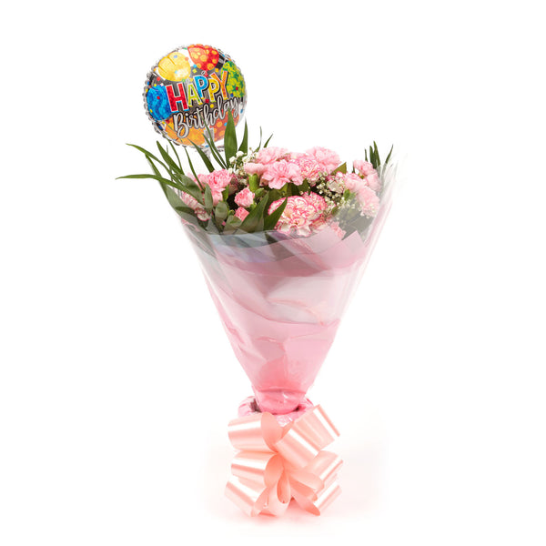 A Beautiful Pink Candy Carnations & Birthday Balloon