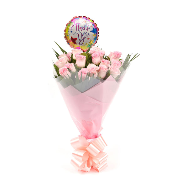 20 Beautiful Pink Roses & Thank You Balloon