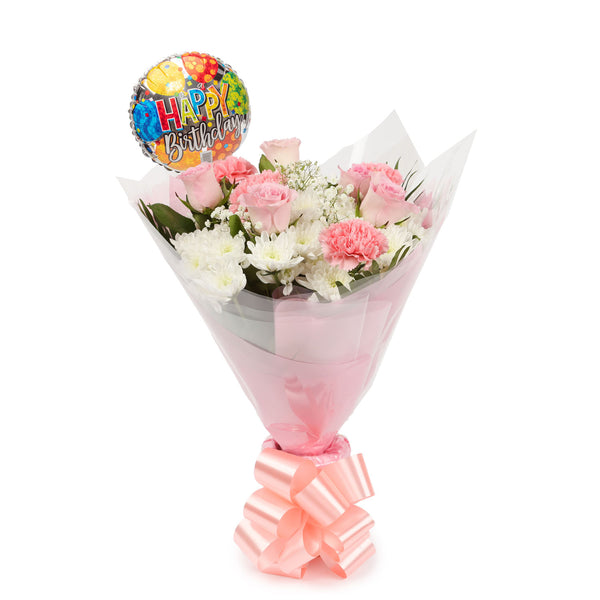 A Pink Snow White Bouquet & Birthday Balloon