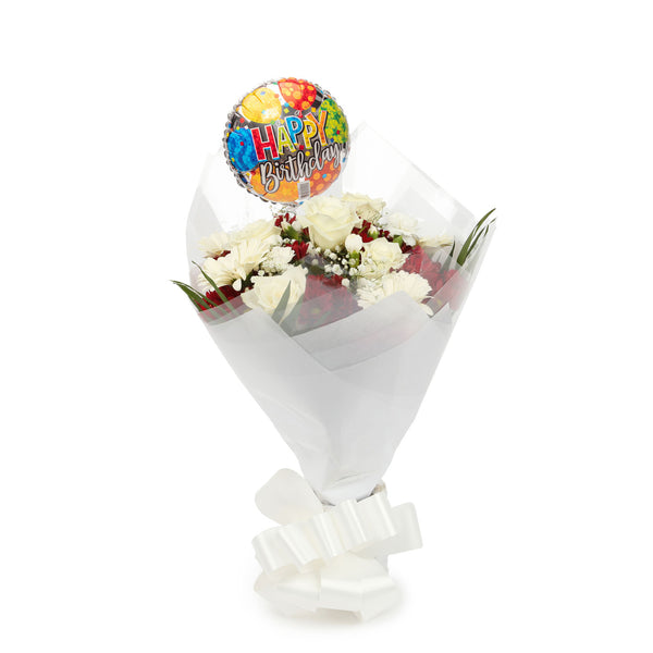 A Red & White Deluxe Bouquet & Birthday Balloon