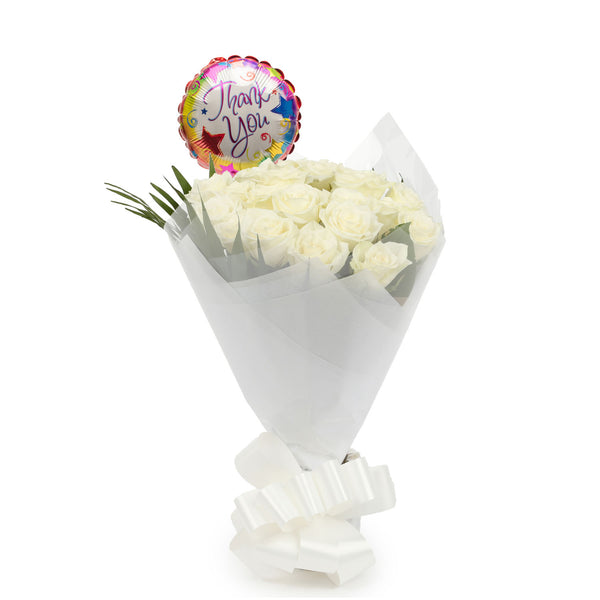 20 White Roses Bouquet & Thank You Balloon