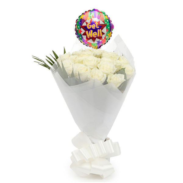 20 White Roses Bouquet & Get Well Balloon