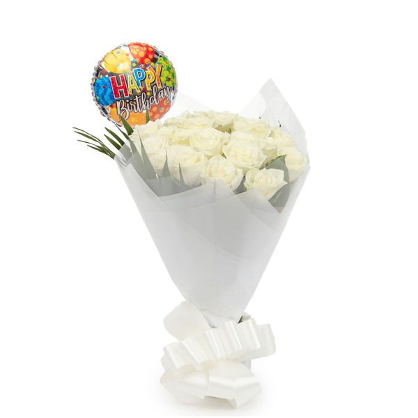 20 White Roses Bouquet  & Birthday Balloon