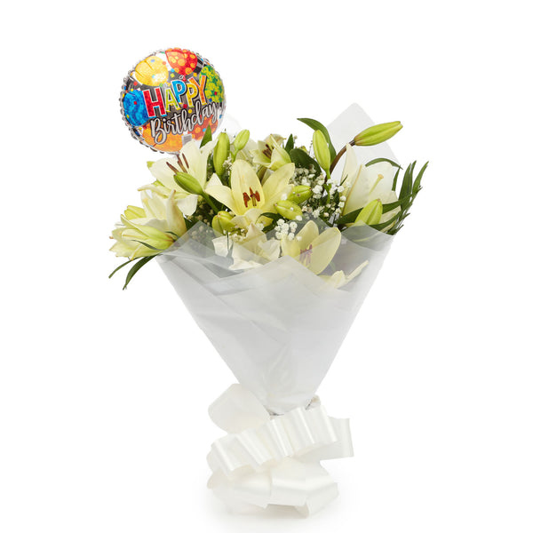 A Classic White Lilies Bouquet & Birthday Balloon