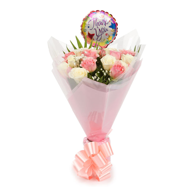 20 Sweet Pink & White Roses & Thank You Balloon