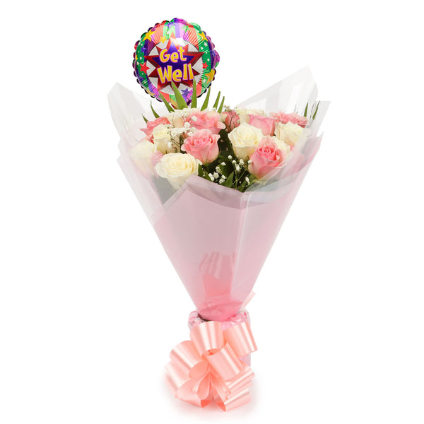 20 Sweet Pink & White Roses & Get Well Balloon