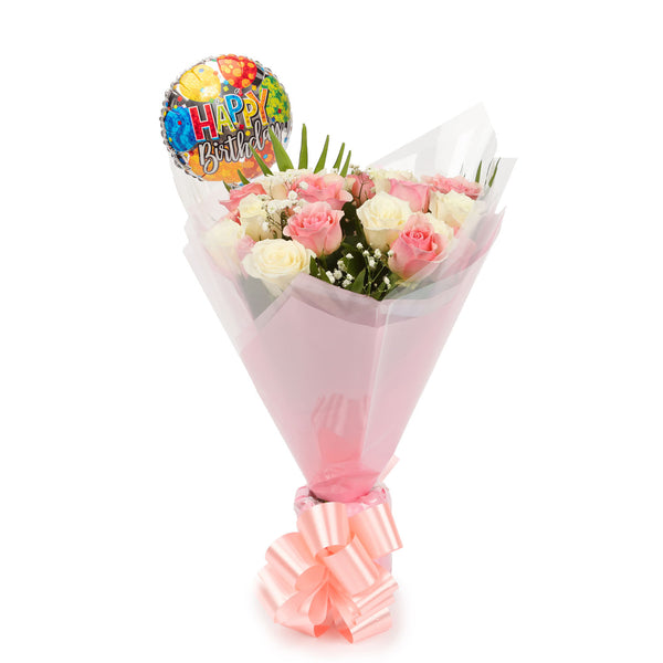 20 Sweet Pink & White Roses  & Birthday Balloon