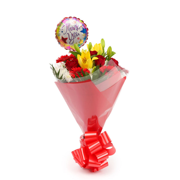 A Cherished Red Blooms Bouquet & Thank You Balloon