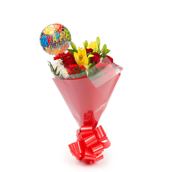 A Cherished Red Blooms Bouquet & Birthday Balloon