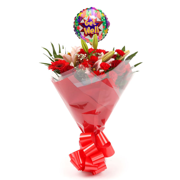 A Red Floral Fancy Bouquet & Get Well Balloon