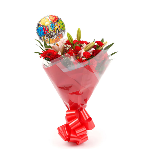 A Red Floral Fancy Bouquet & Birthday Balloon