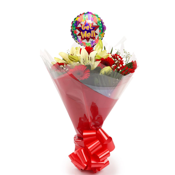 A Stunning Red Gerbera Lily Bouquet & Get Well Balloon