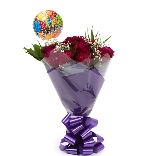 A Beautiful Cerise Carnations & Birthday Balloon