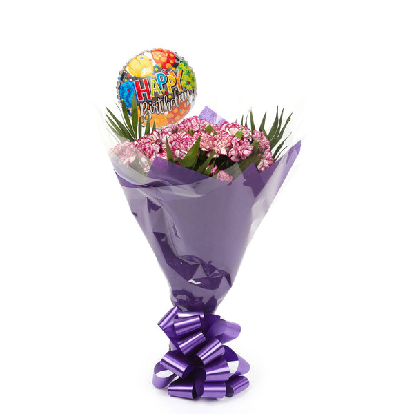 A Beautiful Purple Candy Carnations & Birthday Balloon