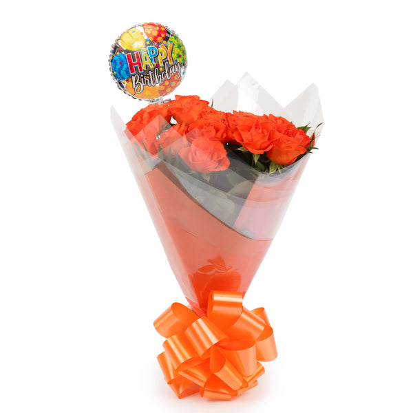 20 Orange Roses & Birthday Balloon