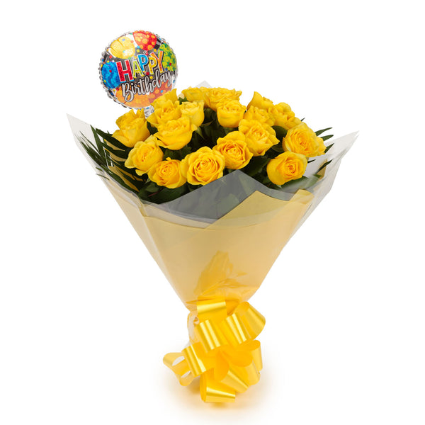 20 Luxury Yellow Roses & Birthday Balloon